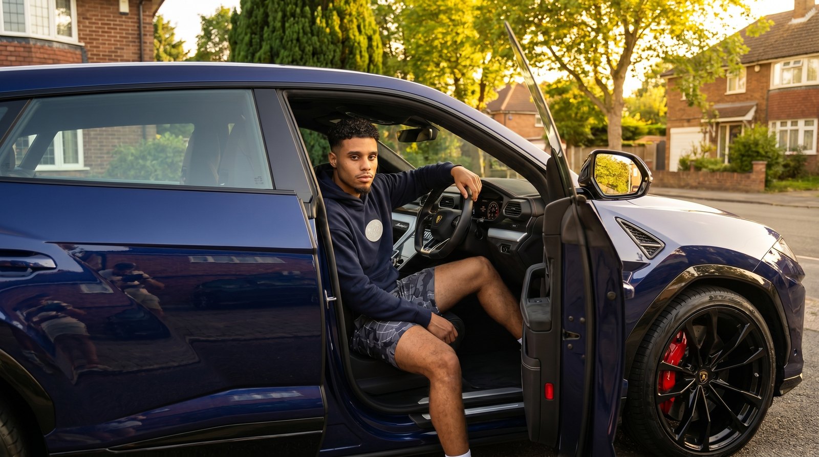 FAID navy hoodie worn at sunset, sat in the doorway of a navy Lamborghini.