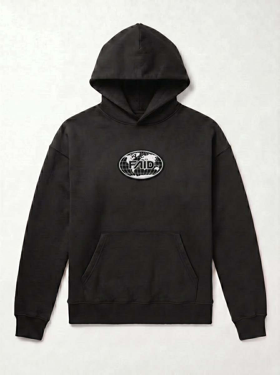FAID heavyweight hoodie, black with black and white logo