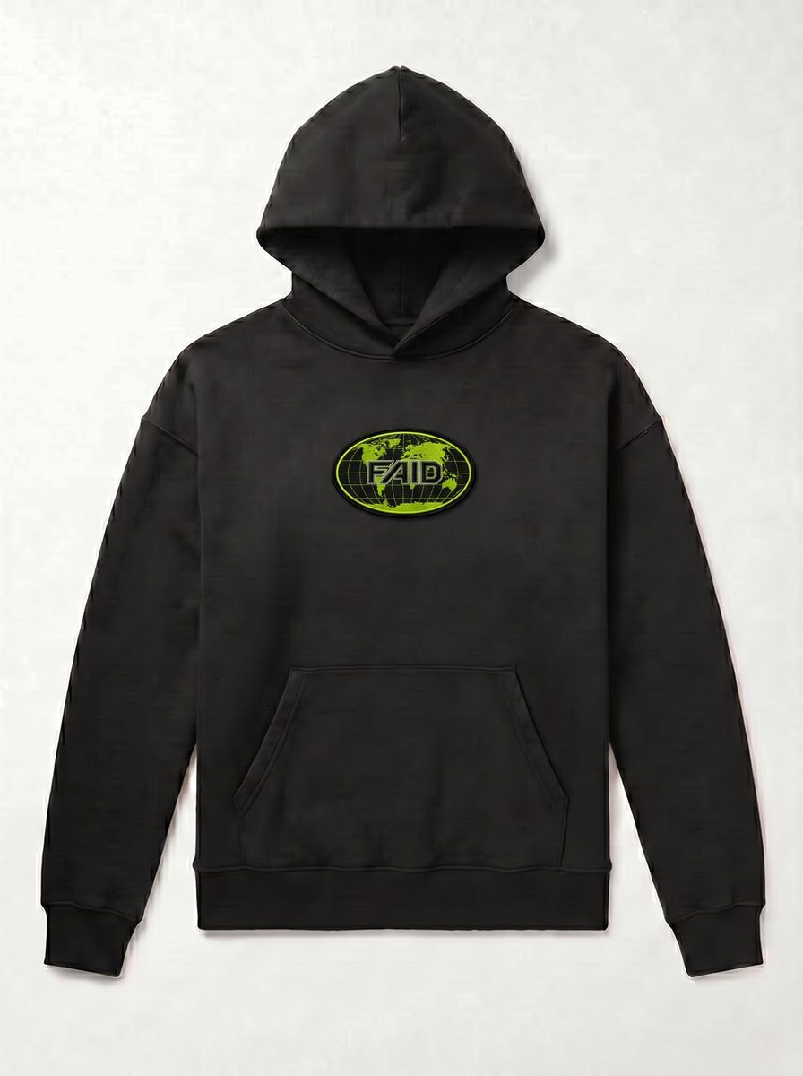 FAID heavyweight hoodie, black with neon logo