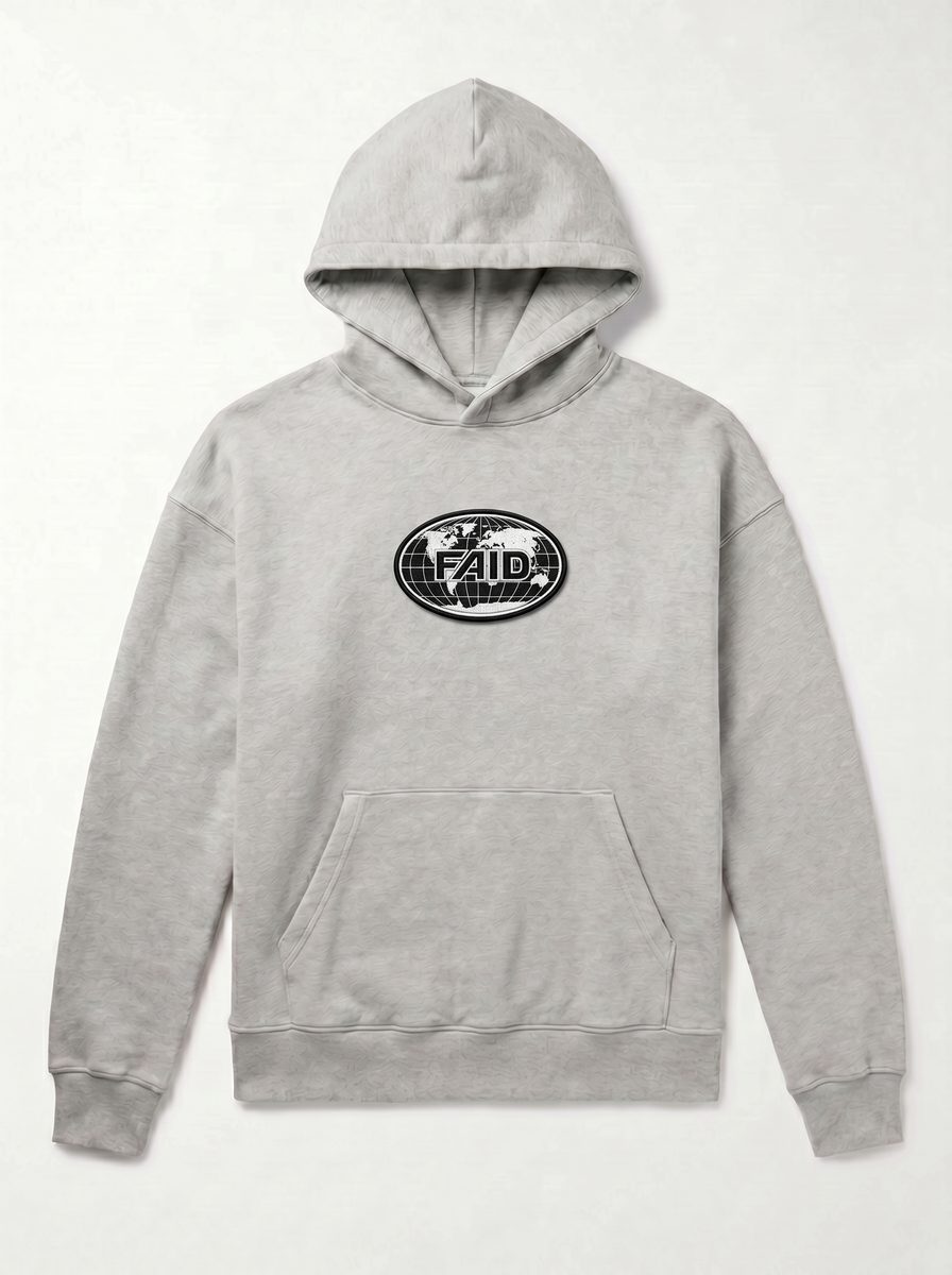 FAID heavyweight hoodie, grey with black and white logo