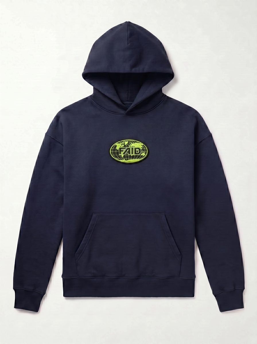 FAID heavyweight hoodie, navy with neon logo