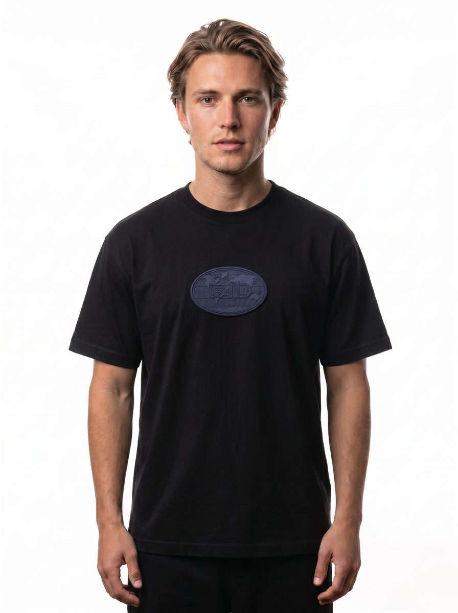 FAID Globe Tee in black, front on model