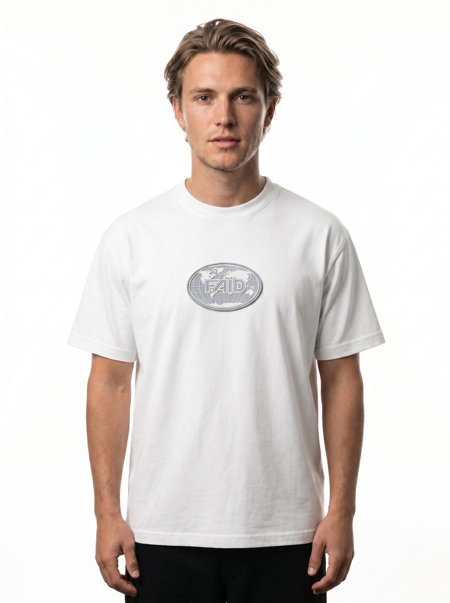 FAID Globe Tee in white, front on model